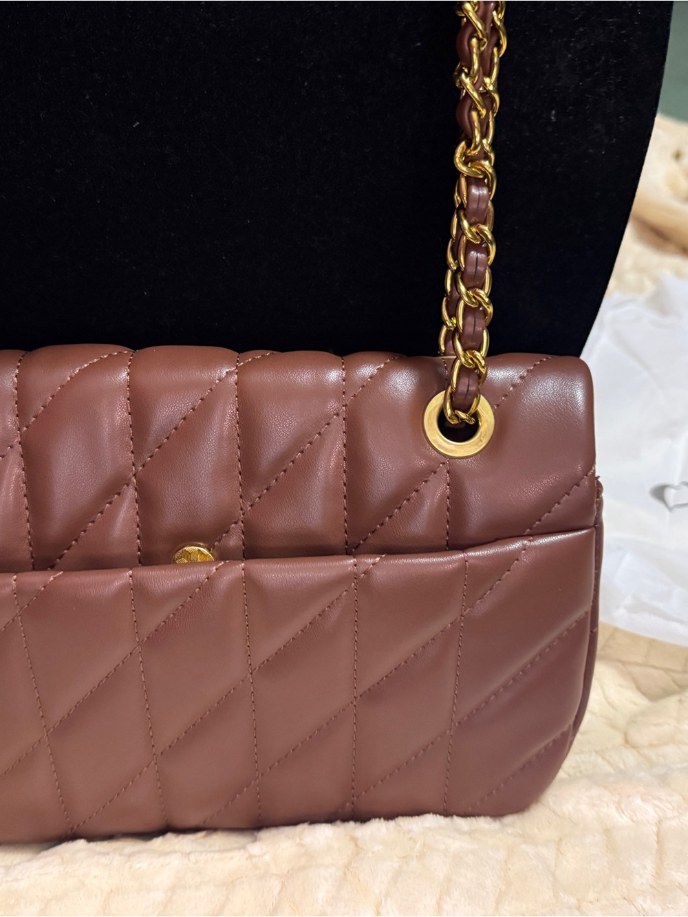 Quilted Shoulder Bag in Chestnut Brown with Gold Chain Strap